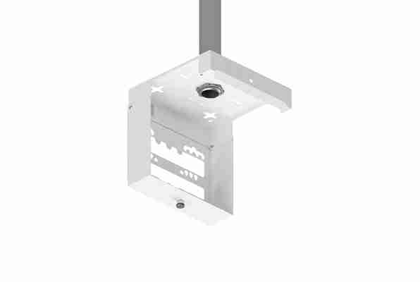 Oberon Model 900-HC-WH wireless access point white mounting bracket attached to ceiling on hanging conduit